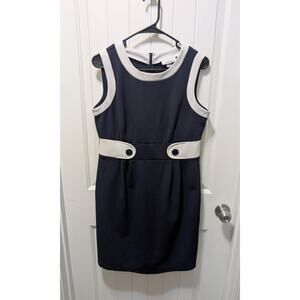 Dressbarn Navy Blue White Shift Dress Sleeveless Scoop Neck Size 10 Work Stretch